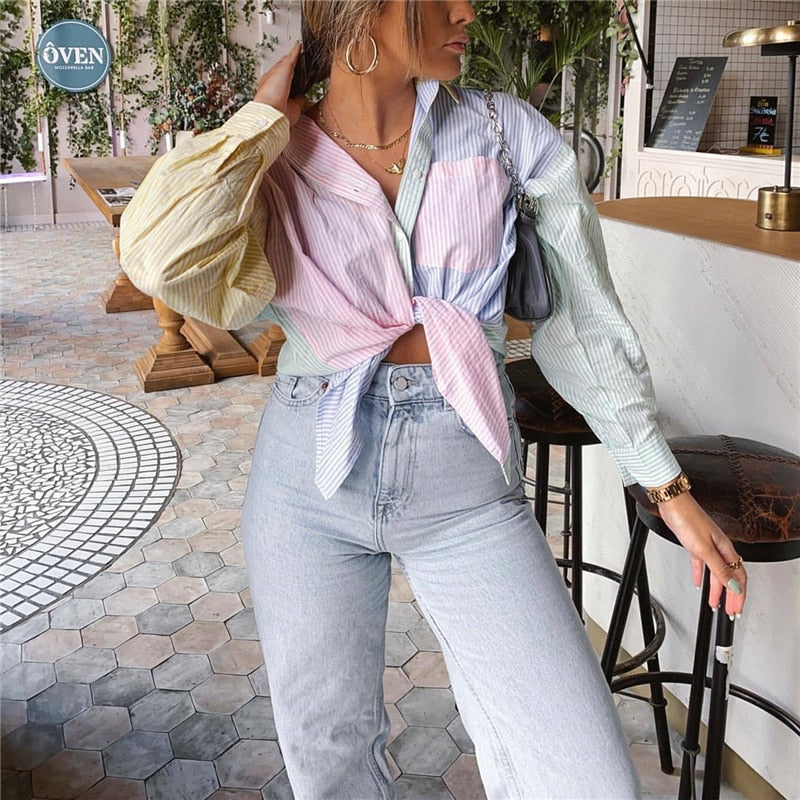 Christmas Gift PUWD Casual Woman Loose Stripe Patchwork Shirt 2023 Spring Fashion Ladies Oversized Shirts Female Sweet Colorful Tops