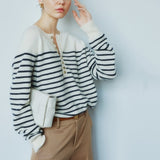 Women's round neck cashmere sweater French half open collar buttoned horizontal striped cardigan long-sleeved pullover lazy knit