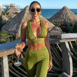 Billlnai  2023 Green Romper Sexy Bandage Backless Top and Pant Sets Sleeveless Solid Women's Sets Fashion Outfits Matching Set Flare Pants