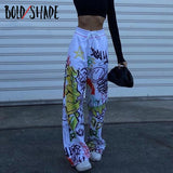 Bold Shade Graffiti Print Skater Sweatpants Elastic Waist Wide Legs Grunge Fashion Loose Pants Streetwear Indie Women Trousers
