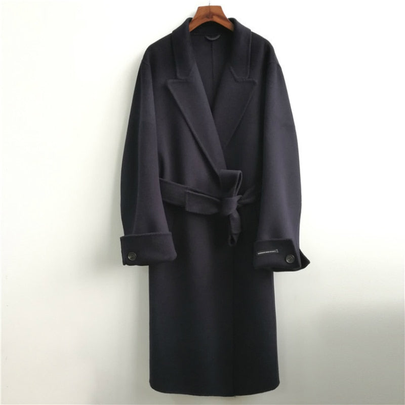 2023 Korean Winter Fat-Sleeved Lacing Belt Long Loose Bathrobe Woolen Overcoat Jacket Warm Thicked Pure Color Wool Coat Women