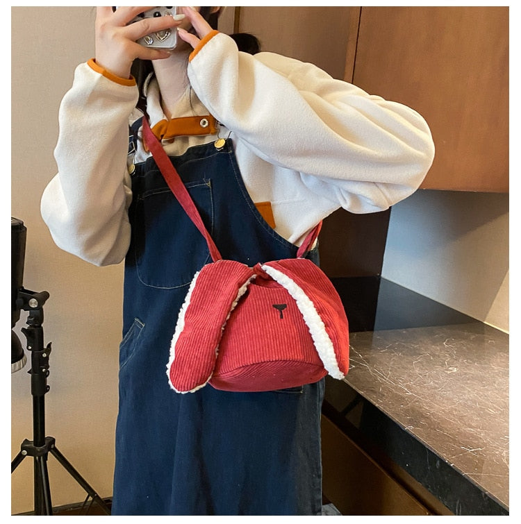 Youda Winter New Women Design Cute Rabbit Bucket Bags Corduroy Crossbody Bag Small Fashion All-match Student Pack for Girl