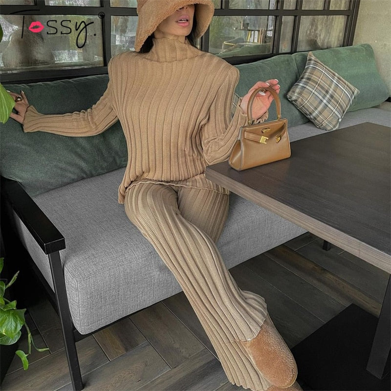 Tossy 2023 New Ribbed Outfits Knitted Long Sleeve Sweater Top And Pants 2 Piece Sets Casual Loose Tracksuit Fashion Chic Suit
