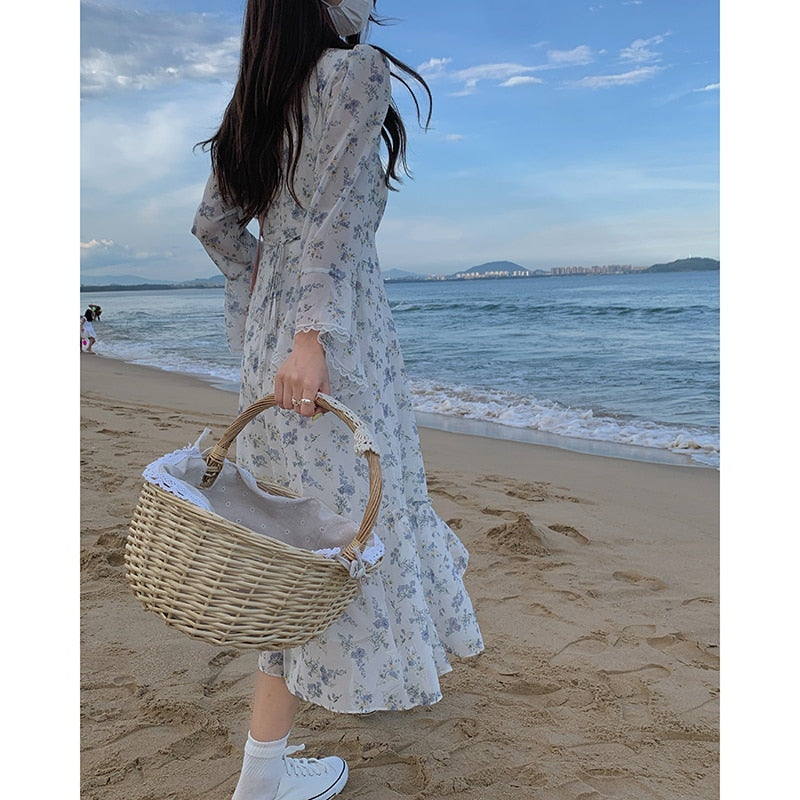 Billlnai 2023 Autumn Elegant Floral Sundresses Women Long Sleeve Vintage Party Midi Dress Ladies Chiffon Beach One Piece Dress Korea Chic