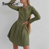 BerryGo Elegant A-line blazer pleated dress office lady Long sleeve V-neck belt blazer dress women Casual female vestidos 2023