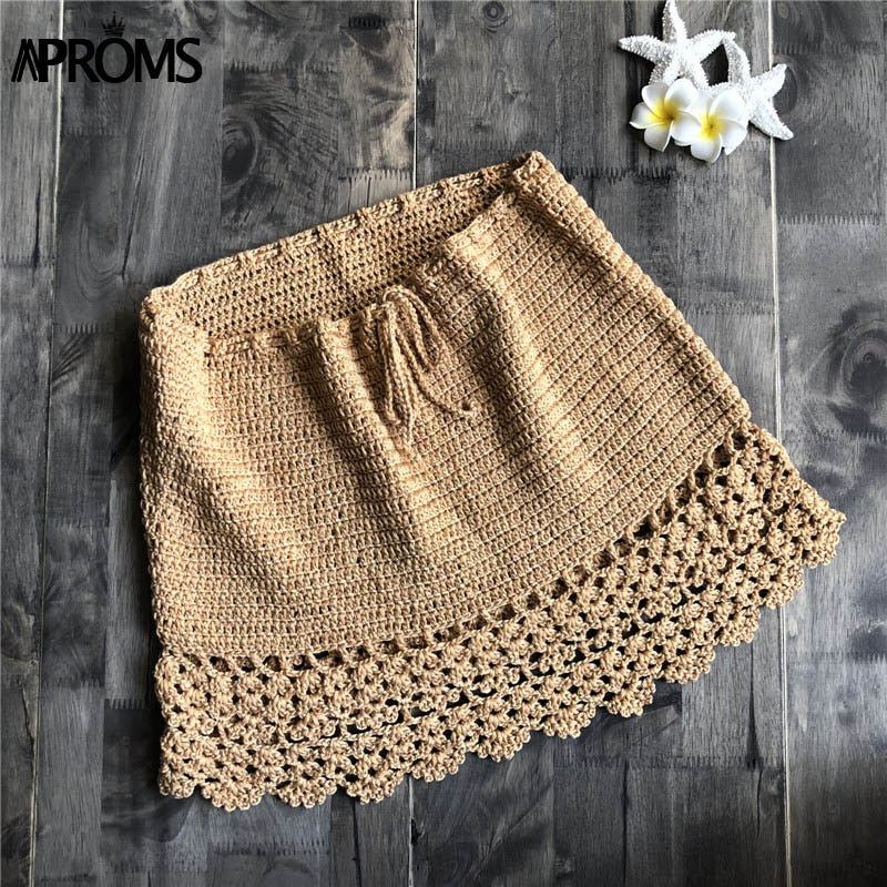 Aproms Elegant Handmade Cotton Crochet Mini Skirts Women Summer High Waist Bow Tie Skirt Ladies Beach Bikini Bottoms Saias 2023