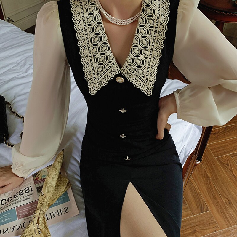 Women Fashion Chic Slim Puff Sleeve Single-breasted Split Dress Vintage Elegant Vestidos