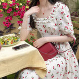 Billlnai 2023 Vintage Elegant Dresses Women Square Collar Floral One Piece Dress Korean Bow Design Casual Party Midi Dress Females  Summer