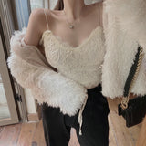 2023 spring and winter new lace spaghetti tops or thick plush jacket fashion parkas women fur parkas coat