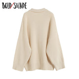 Bold Shade Oversized Button Long Sleeve Knitted Beige Pullover Sweaters Streetwear 2000s Vintage Trun-down Collar Jumpers Indie