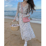 Billlnai 2023 Autumn Elegant Floral Sundresses Women Long Sleeve Vintage Party Midi Dress Ladies Chiffon Beach One Piece Dress Korea Chic