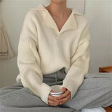 Korean Style Sweater Women Autumn Winter Casual V-neck Lapel Ribbed Pullover Ladies Solid Long-sleeved Outer Wear Loose Knit Top