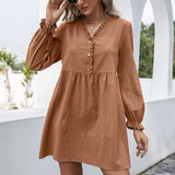 Autumn 2023 Women's Clothing New Pure Color Elastic Waist Pullover Cotton Wood Ear Collar V-Neck Bubble Long Sleeves Dress Woman