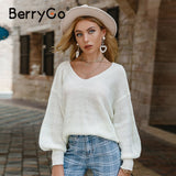 BerryGo Autumn winter lantern sleeve women za sweater Sexy V neck knitted pullover female Solid color loose jumper 2023 new