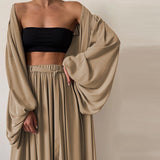 Women's Three Piece Suit Tube Tops Lantern Sleeve Cardigan Wide Leg Long Trousers Female Soft Casual 2023 Spring Summer Lady Set