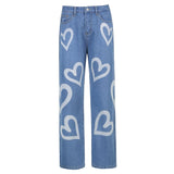 Billlnai Vintage Heart Printed Hot Baggy Jeans Women High Waist Harajuku Aesthetic Mom Jeans Denim Streetwear 90S Trousers Cuteandpsycho