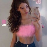 Fashion Sexy Spaghetti Straps Pink Feather Crop Top 2023 Women Camisole Sleeveless Tops Party Club Streetwear Camis