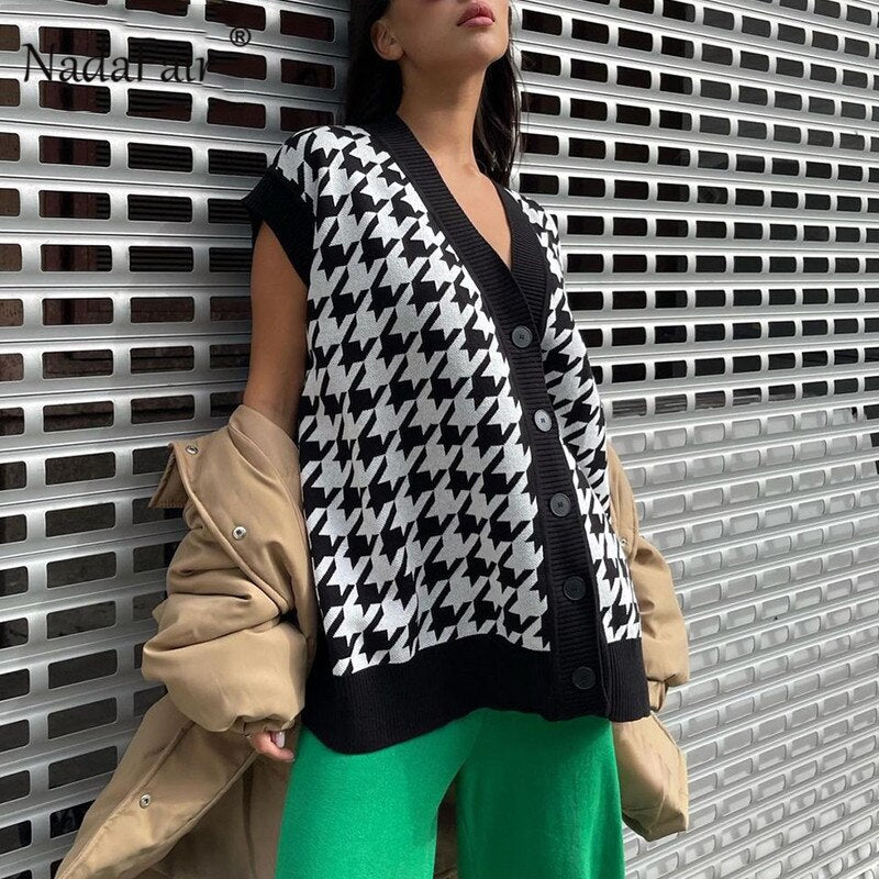 Christmas Gift Nadafair Houndstooth V Neck Knitted Vest Cardigan Women Casual Loose Fashion Plaid Vintage Oversize Sweater Autumn Winter Tops