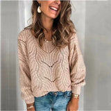 Autumn and Winter Women's Pullover Casual Sweater Women's Round Neck Hollow Knit Top Jumper