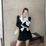 Billlnai Fashion Elegant Suit Dress Women Spring Korean Black White Contrast Color Double Breasted Long Sleeve Dresses 2023 New