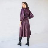 Women Vintage Sashes Purple PU Party Dress Lantern Sleeve Sexy V neck Solid Elegant Casual A-line Dress 2023 Autumn New Dress