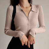 Billlnai Women 2023 Spring New Lapel Slim Slimming Tops Ladies Hollow Buttons Sexy V Neck Long Sleeve POLO Neck Knit Cardigan Sweater Women