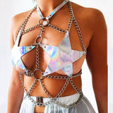 Billlnai Gothic Laser Pentagram Hollow Out Garter Sexy Metal Chain Harness Tops 2023 Rave Festival Eye-Catching Body Bondage For Lady