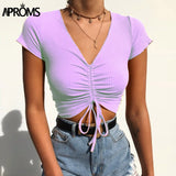 Aproms Sexy V Neck Cropped Tank Tops Women Drawstring Tie Up Front Camis Candy Colors Streetwear Slim Fit Ribbed Crop Top 2023
