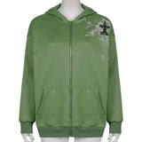WeiYao Retro Green Oversized Zip Up Jackets Hoodies Women Autumn 2023 Preppy Style Vintage Casual Lantern Sleeve Sweatshirts