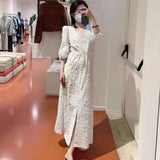 Jastie 2023 Autumn French White Maxi Dress Applique Embroidery Puff Sleeve V-Neck Dresses for Women Elegant Long Dress