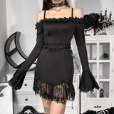 Helloween Big Sale Billlnai Gothic Lace Patchwork Black Dress Women Sexy Vintage Lolita Mini Dress Ruffles Aesthetic Flare Sleeve Party Club Dresses