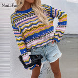 Christmas Gift Nadafair Rainbow Stripe Knit Sweaters Autumn Women's Pullovers Long Sleeve Fashion Tops Hollow Out Sexy Jumper Femme Sweater
