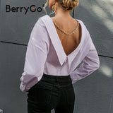 BerryGo V neck white Backless chain women blouse shirts Long sleeve botton turn down collar tops Elegant spring blouse ladies