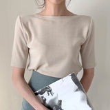 New Knit T-Shirt Women Femme O-Neck Korean Style Office Lady Summer Top Basic T-Shirt
