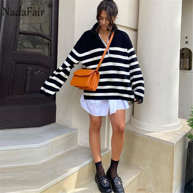 Christmas Gift Nadafair Striped Knitted Pullovers Women Casual Tops Plus Size Knitwear Oversized Autumn Winter Fashion Zip Neck Sweater Jumper