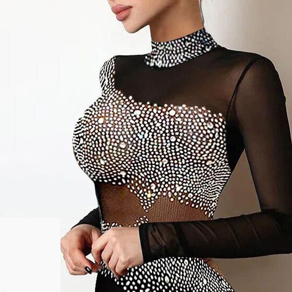 Thanksgiving Day Gifts 2023 New Rhinestone Decor Sheer Mesh Long Sleeve Black Mini Bodycon Halter Dress Women Fashion See Through Glitter Sexy Robes