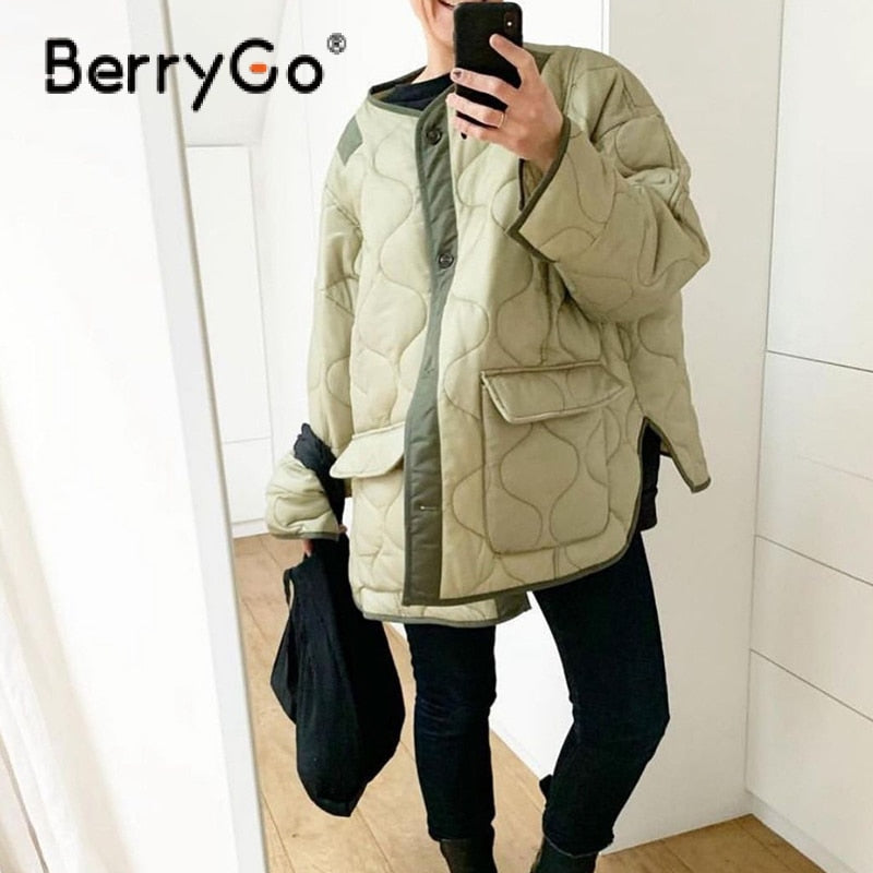 BerryGo 2023 Winter green short parka women Casual long sleeves collarless coats female Thick pocket warm jacket female tops
