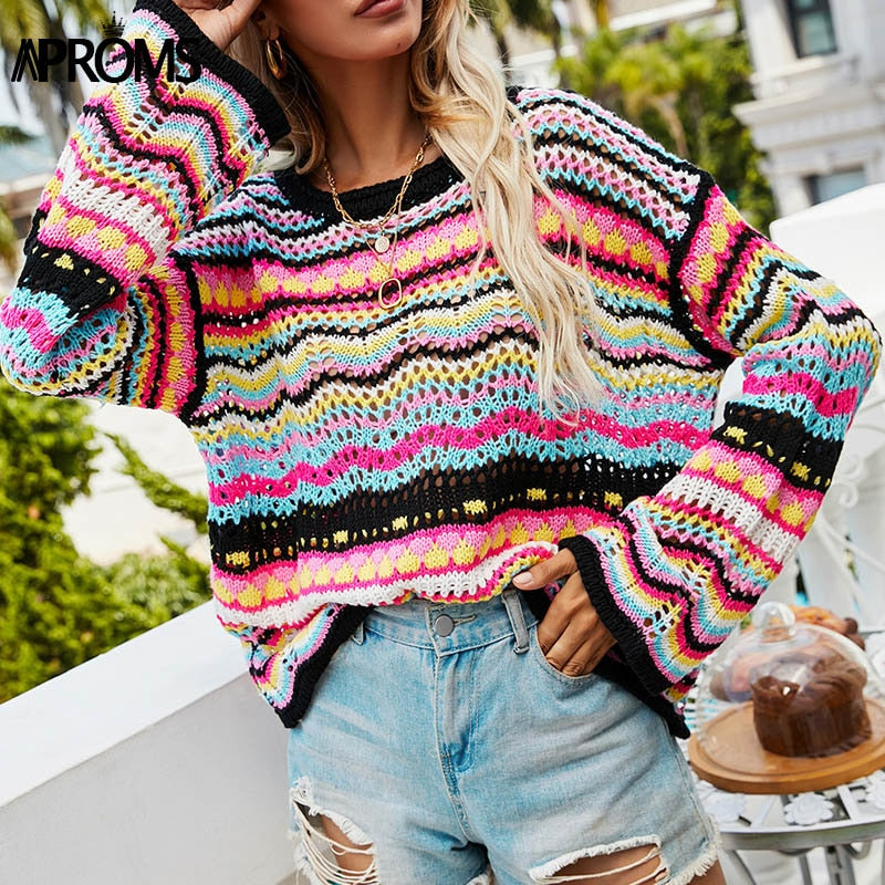 Aproms Multi Color Blocked Knitted Pullover Women Summer Casual Flare Sleeve Hollow Out Sweater Cool Girls Fashion Jumper 2023