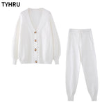 TYHRU Women Knitting 2-pieces sweater Suit Hemp Flower V-neck Single-Breasted cardigan + Pants lady winter sweater Set