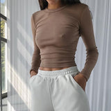 Billlnai O Neck Long Sleeve Shirt Women Ribbed Sexy Cropped Tops 2023 Spring Black Casual Skinny Slim Basic Woman T Shirts White
