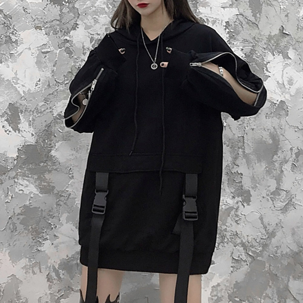 Rosetic Zipper Deign Gothic Women Hoodie 2020 Hooded Plus Size Loose Sweatshirt Pullover Streetwear Black Hoodies Drawstring