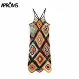 Aproms Boho Multi Color Crochet Knitted Midi Dress Women Summer Sleeveless Hollow Out Beachwear Dresses Sundresses Vestidos 2023