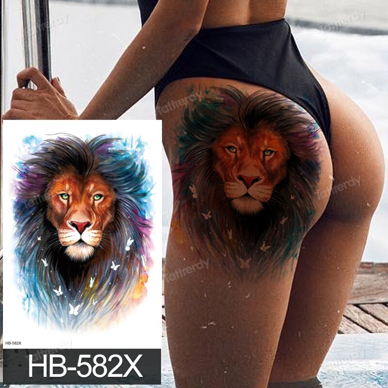 Billlnai Big Tattoo Anime Tiger Lion King Head Thigh Leg Temporary Tattoo For Women Girls Beauty Sexy Body Art Sticker Tattoos Waterproof