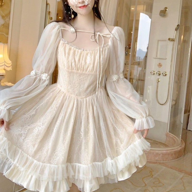 Billlnai  2023  Lolita Kawaii Dress Women Casual Long Sleeve Vintage Y2k Mini Dress Female Japanese Style One Piece Dress Korean