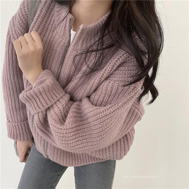Billlnai Student Girl Korean Style Chic Retro Sweet Western Style Age Reduction Loose Casual All-Match Zipper Sweater Sweater Coat