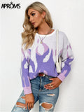 Aproms Vintage Purple Flame Knitted Oversized Sweaters Women Winter Streetwear Warm Pullovers High Fashion Stretch Jumpers 2023