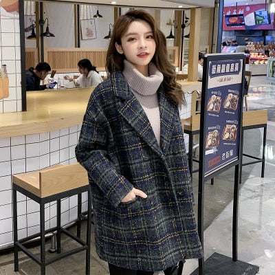 New Women Plaid Wool Blends Coat Winter  Autumn Fashion Elegant  Tweed Woolen Outerwear Female