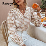 BerryGo Autumn Office Lady Gingham Square Pattern Shirt Women Casual V-neck Brown Skinny Blouse Female Regular Sleeves Top 2023