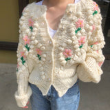 Korea Spring and Winter western style round neck pearl buckle heavy industry three-dimensional ball decoration warm cardigan