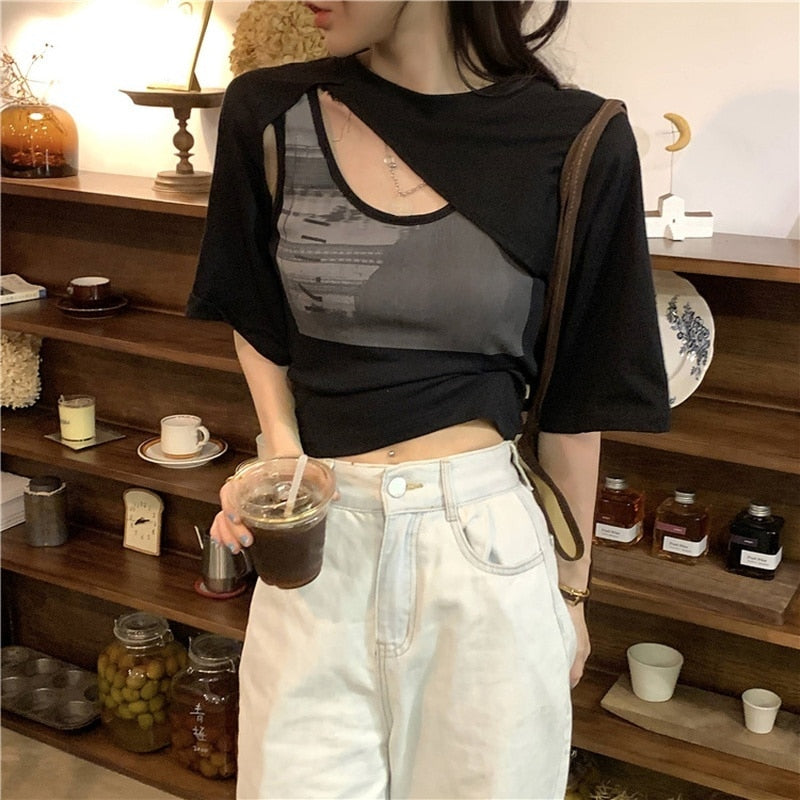 Billlnai  2023  Crop Tops Ladies Korean Blouse Woman New Collection  Autumn Short Sleeve Short Tshirts Elegant Korean Style 2 Piece Set